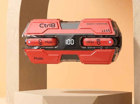 CTRL8 K8 true wireless earbuds with energy storage case and digital display in red