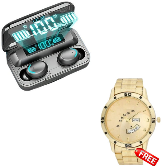 Wireless Watch Earpods With Charging Inbuilt Powerbank With Free Golden Analog Watch