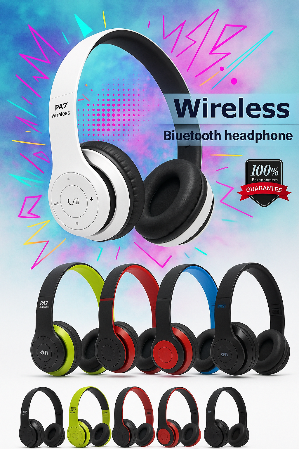 Foldable Wireless Bluetooth Headphones with Built-In Microphone – Stereo Sound