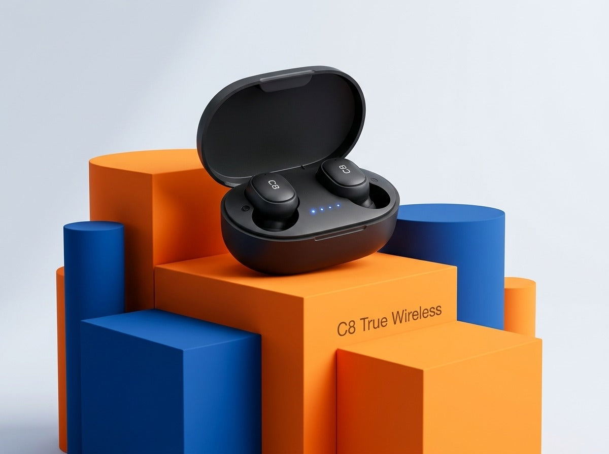 CTRL8 A6S true wireless earbuds with sleek black charging case on colorful geometric blocks